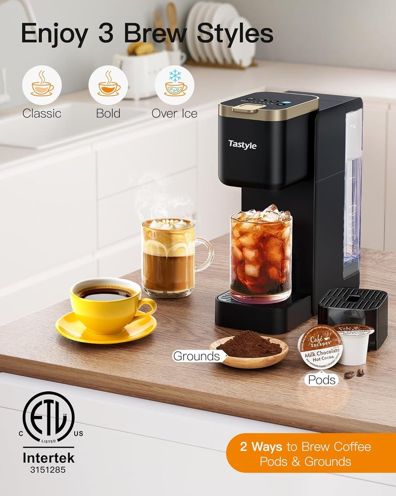 Tastyle Single Serve Hot & Iced Coffee Maker with Strong Brew, 40oz Removable Reservoir, 6 Brew Sizes, Compatible with K Cup and Grounds, Compact for Home, Office, RV, Black & Gold (2.0 Version) - Image 2